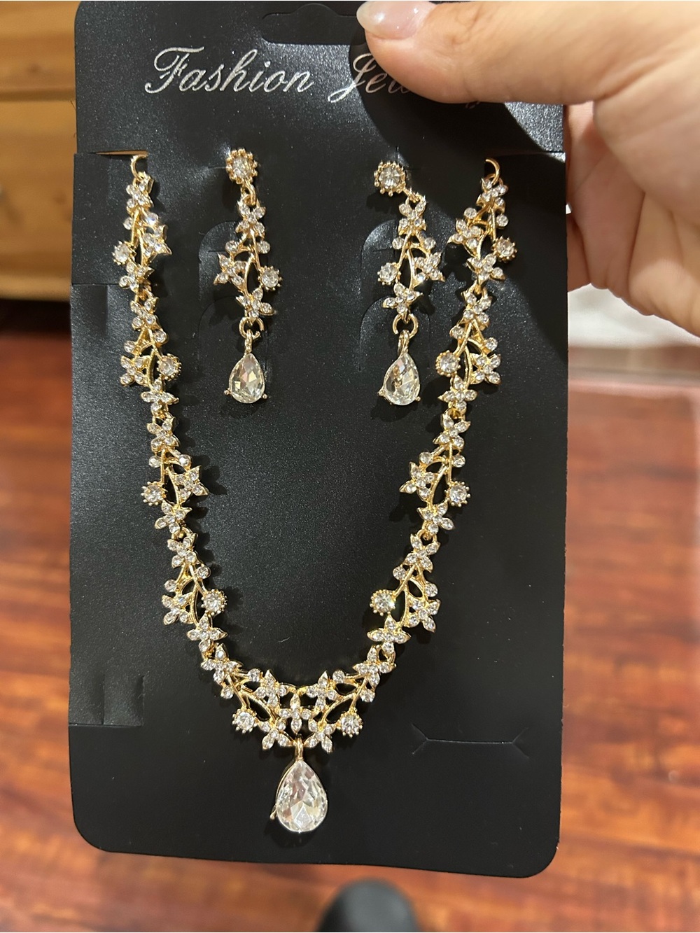Gold Crystal Floral Teardrop Necklace & Earring Set